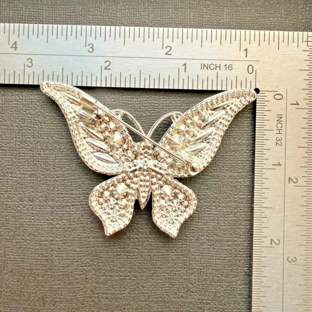 Pink Rhinestone Butterfly Brooch Iridescent Silver Tone Statement Jewelry Pin